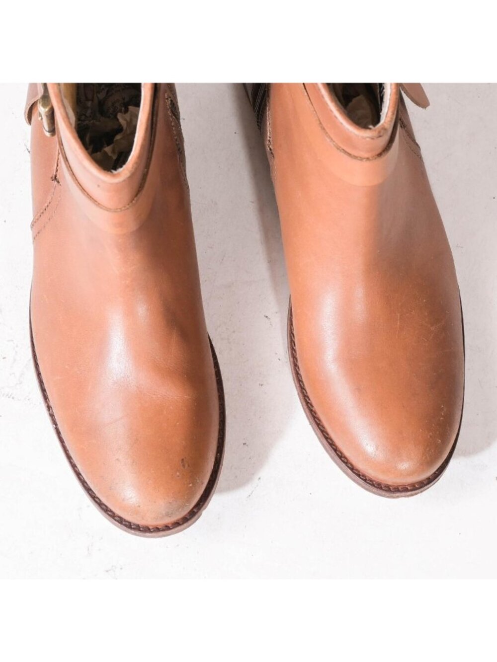 Frye Tan Leather Ankle Boots Inside Zip Knotted Buckle Short Bootie Women's 7 - Picture 4 of 6